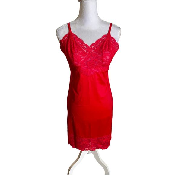 Vtg 1960s Vanity Fair Nylon Lace Slip Cherry Red Size 34 - Picture 1 of 6